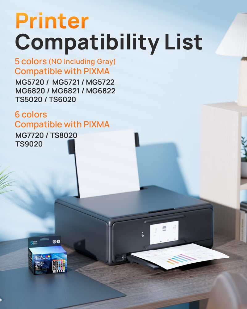 E-Z Ink 270XL 271XL Printer Ink Compatible for Canon PGI-270XL CLI-271XL Ink Cartridges to use with MG5720 MG6820 TS5020 TS6020 MG7720 TS9020 TS8020 MG5721 MG5722 MG6821 MG6822, 5 Color (PGBK, BK, C, M, Y) - Image 2